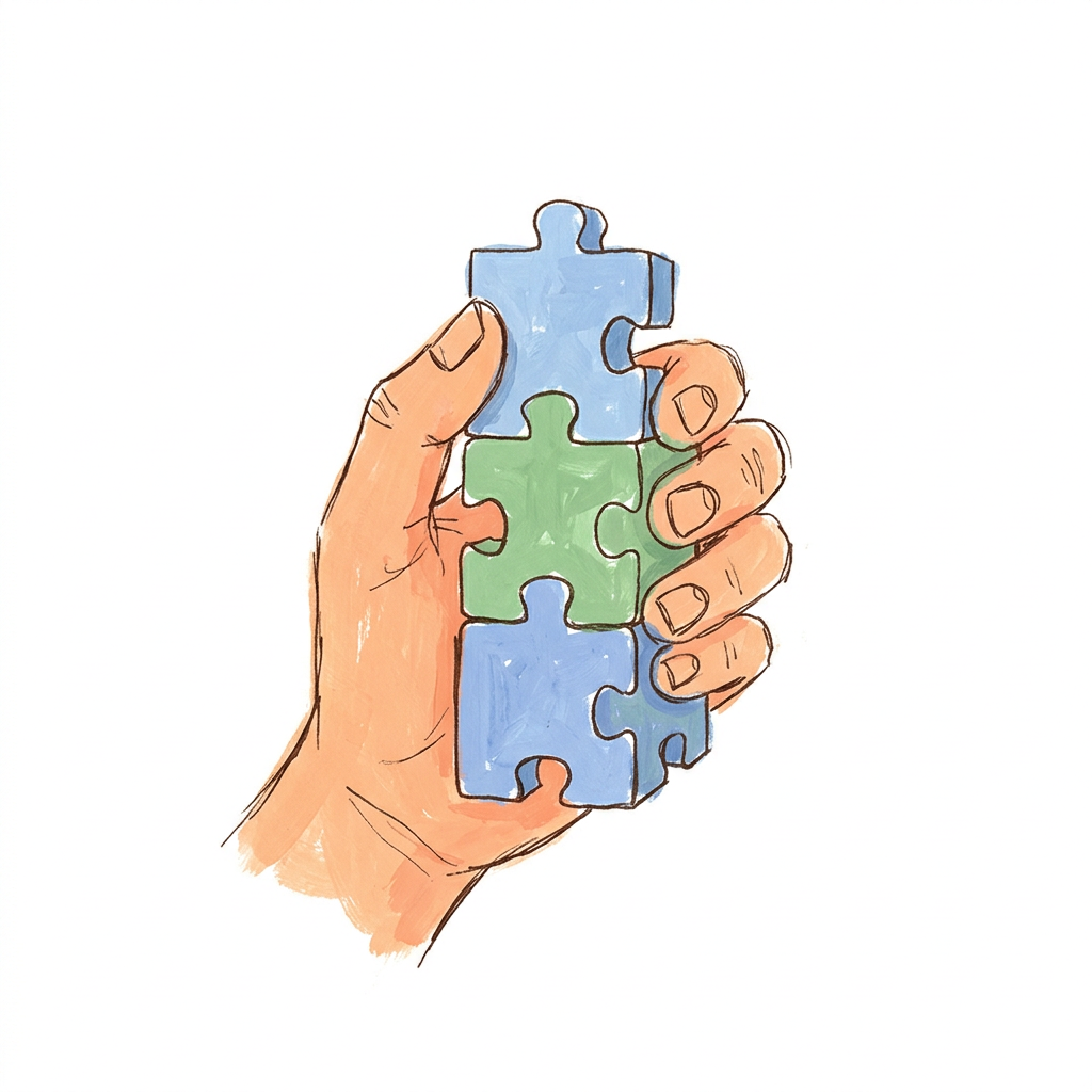 Hand-drawn hand holding three puzzle pieces