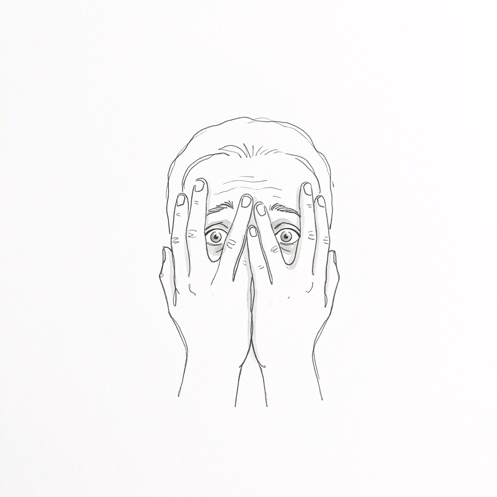 Hand-drawn pair of eyes peeking between two hands