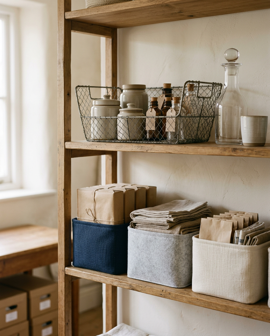 Open wooden shelves holding neatly packed parcels, folded linen and a wire basket of jars